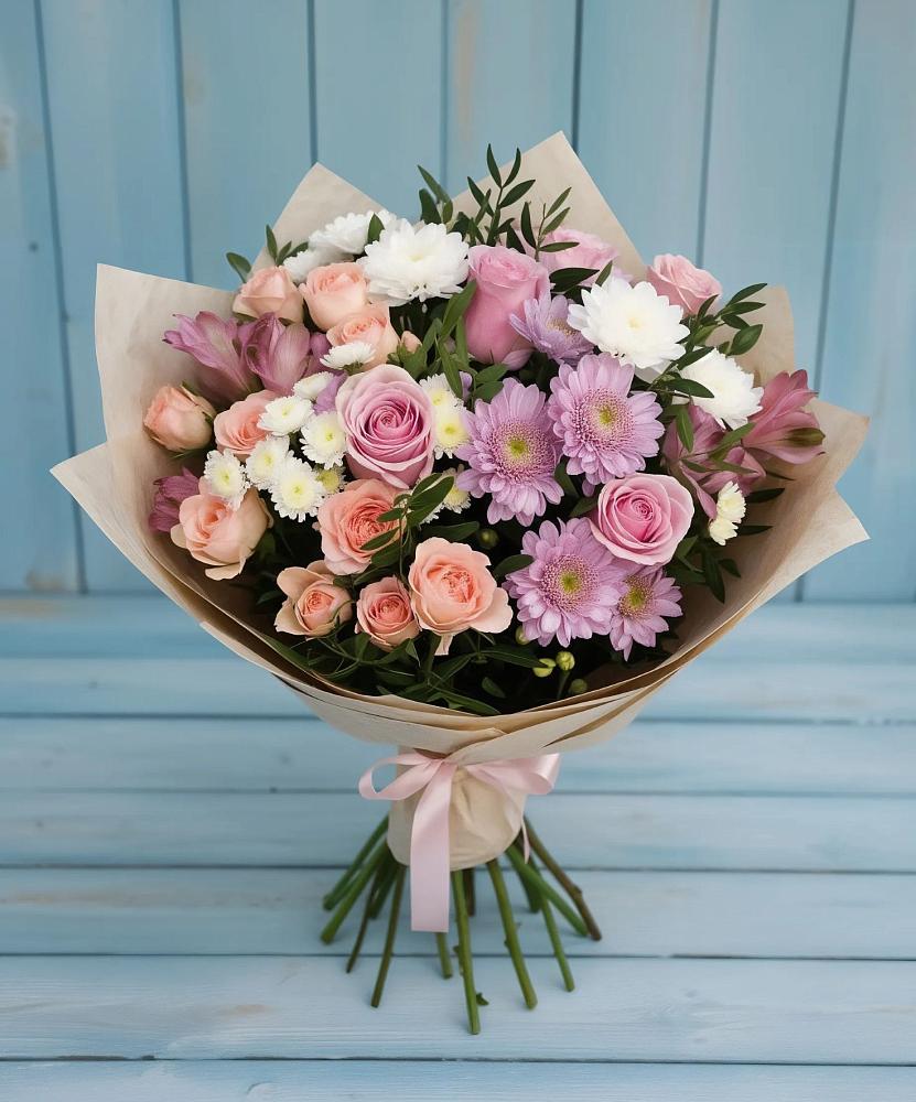 Букет цветов из: Хризантемы, Розы и Альстромерии в Плюссе