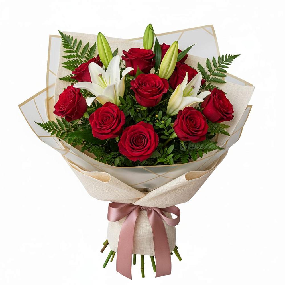 Букет цветов из: Лилии и Розы в Плюссе