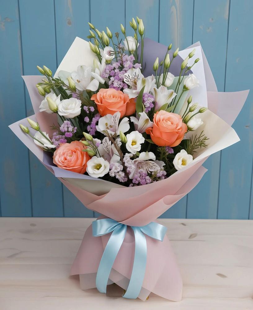 Букет цветов из: Лизиантусы, Розы, Альстромерии и Гипсофила в Плюссе