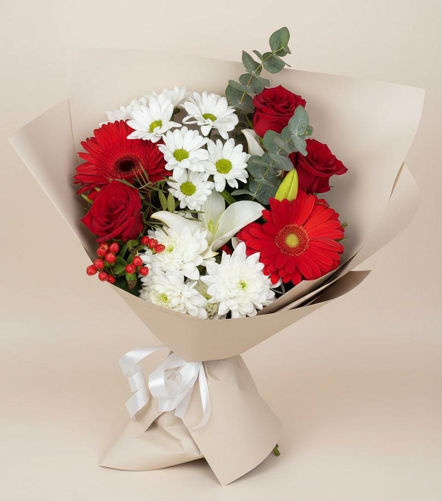 Букет цветов из: Розы, Хризантемы, Герберы и Лилии в Плюссе