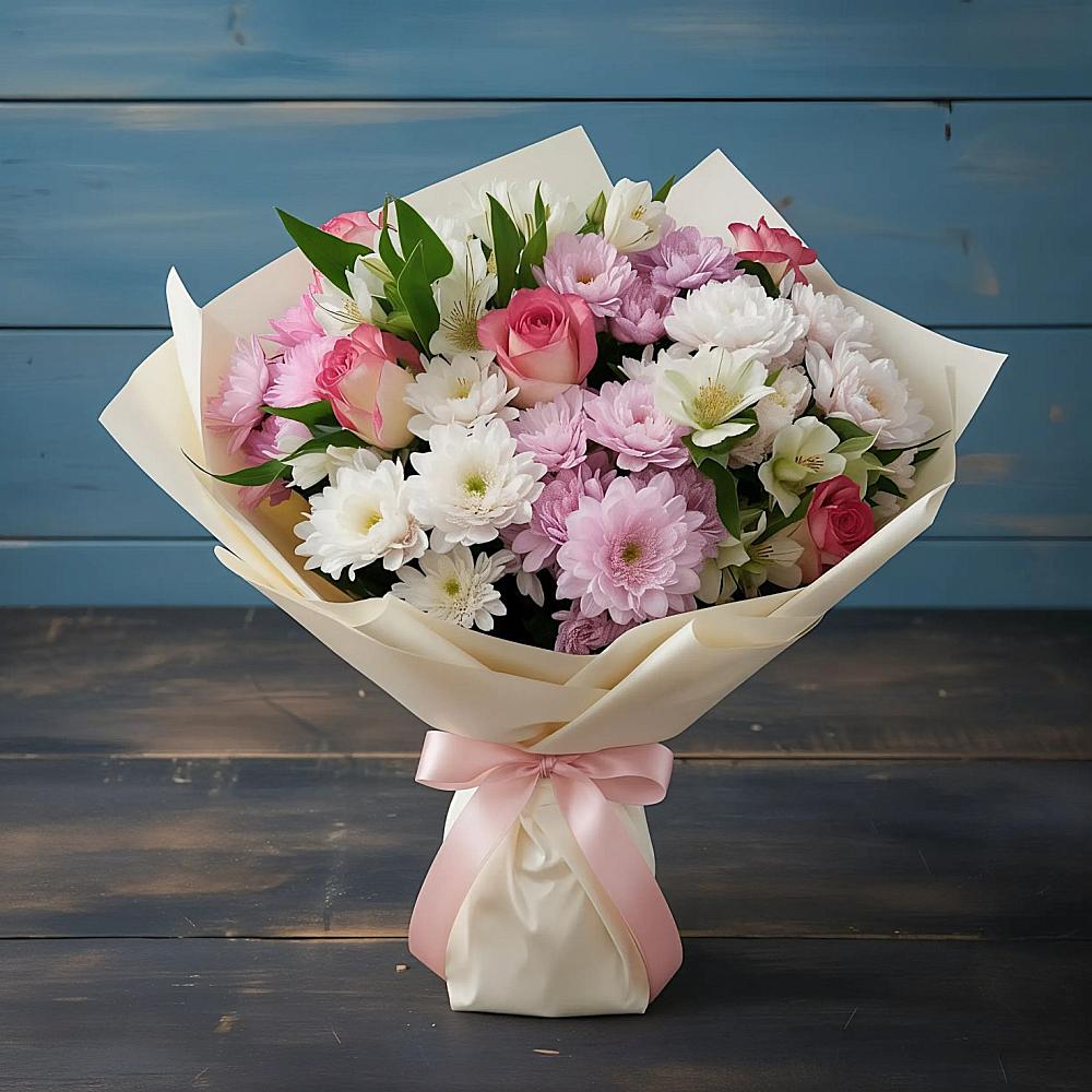 Букет цветов из: Хризантемы, Альстромерии и Розы в Плюссе